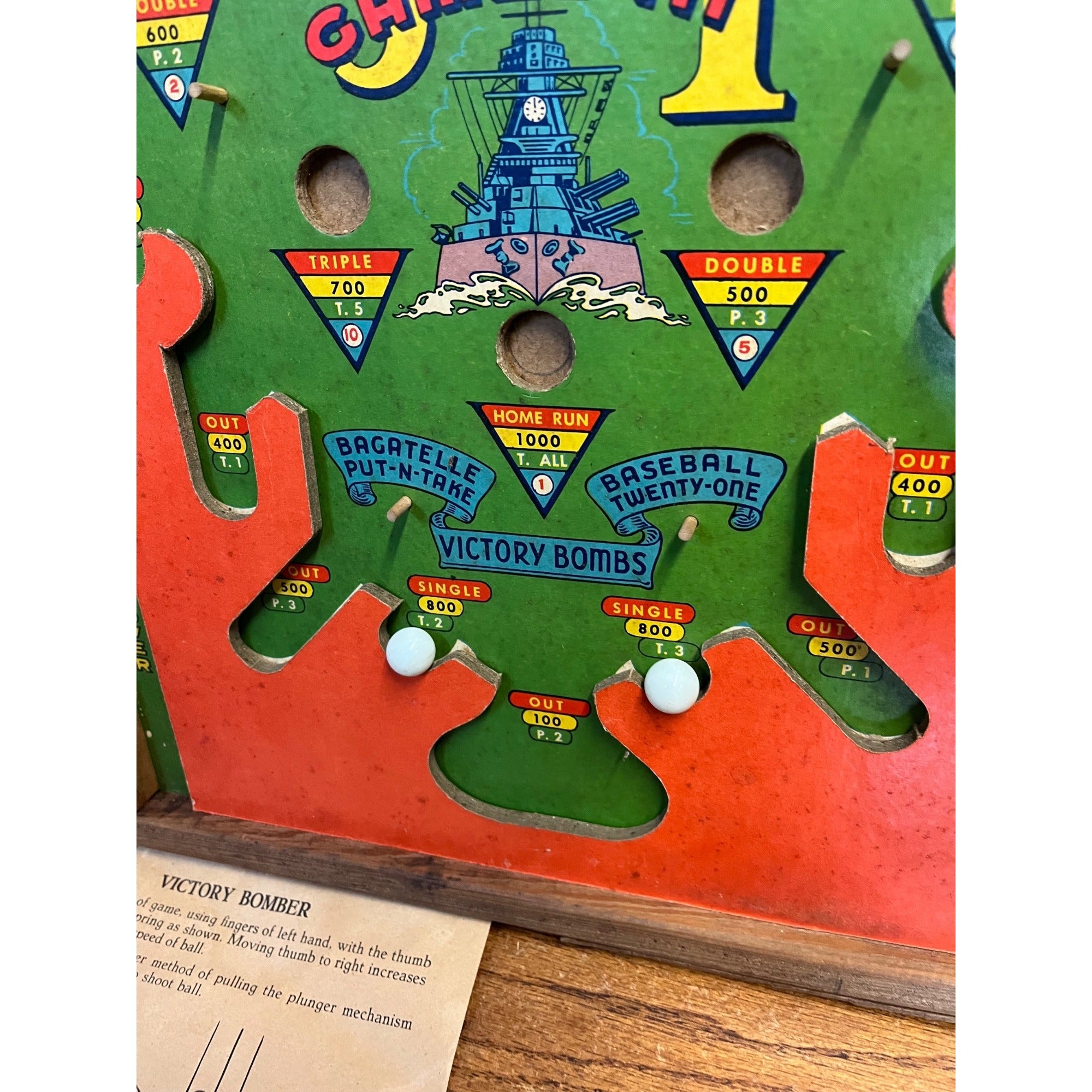 Vintage 1940s WWII Victory Bomber Poosh-M-Up Table Pinball Game w/ Original Box!