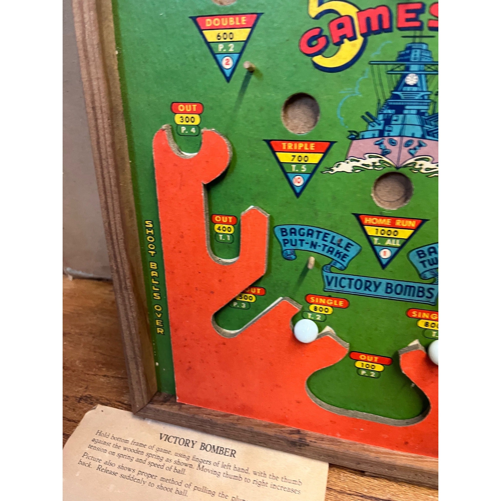 Vintage 1940s WWII Victory Bomber Poosh-M-Up Table Pinball Game w/ Original Box!