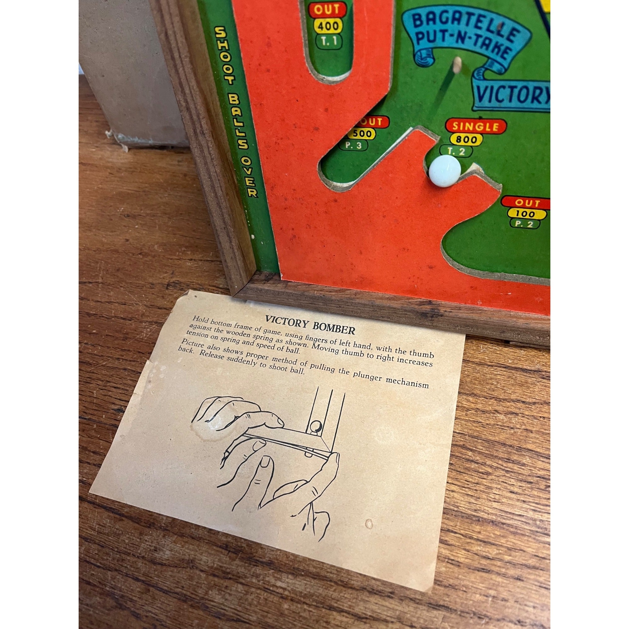Vintage 1940s WWII Victory Bomber Poosh-M-Up Table Pinball Game w/ Original Box!
