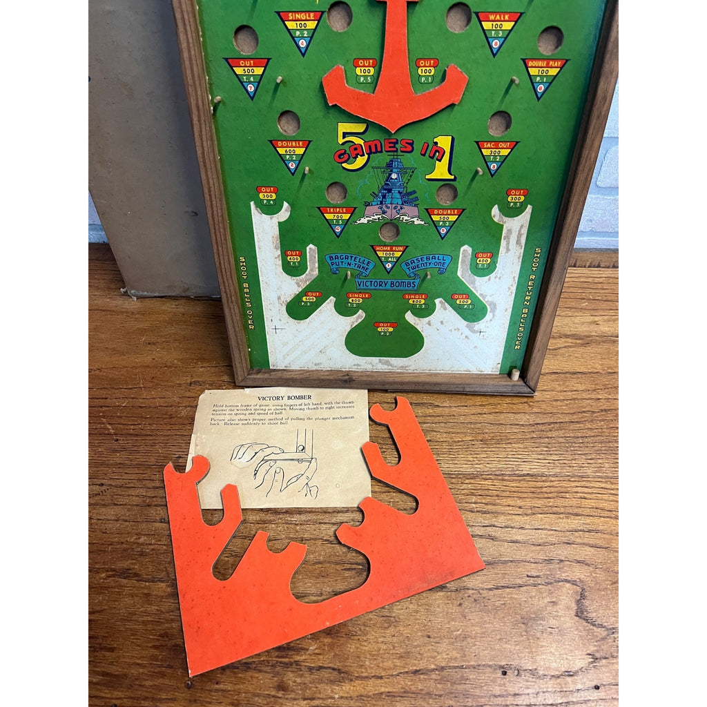 Vintage 1940s WWII Victory Bomber Poosh-M-Up Table Pinball Game w/ Original Box!