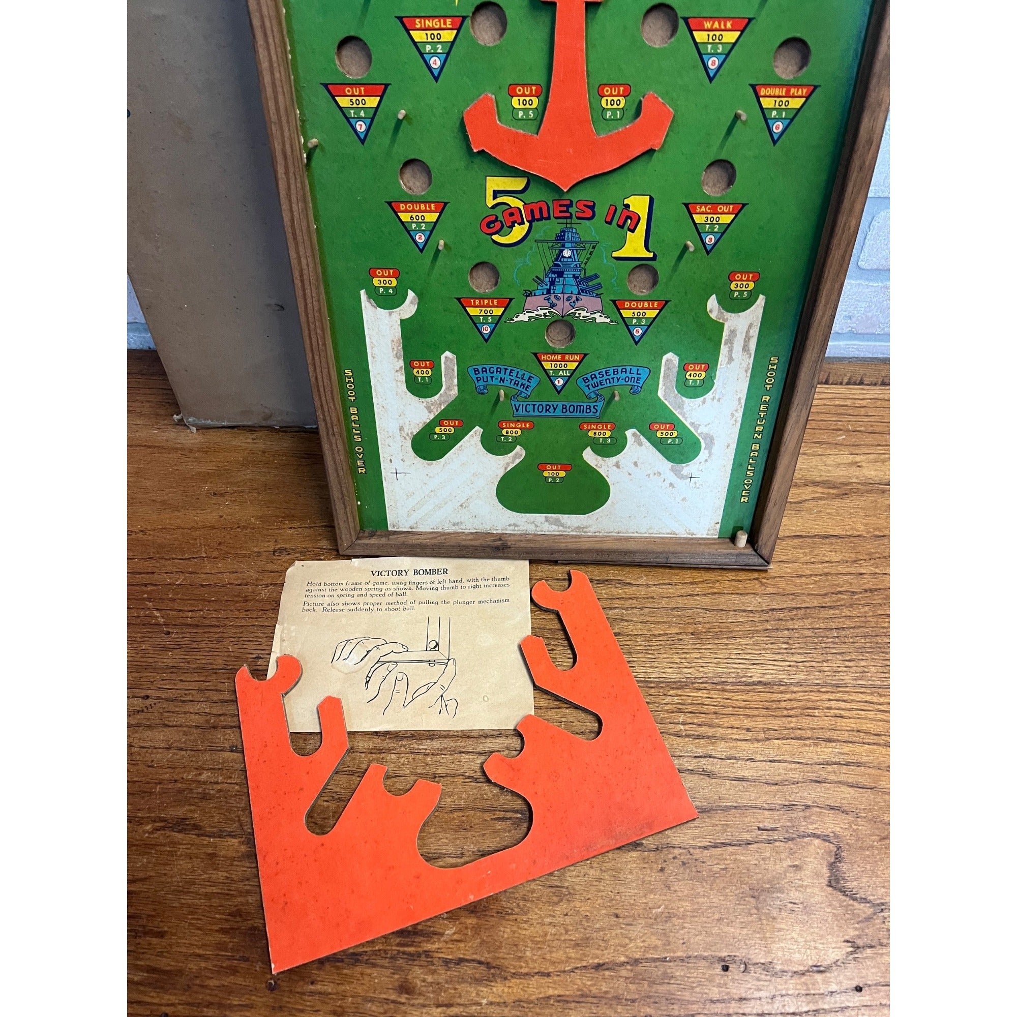 Vintage 1940s WWII Victory Bomber Poosh-M-Up Table Pinball Game w/ Original Box!