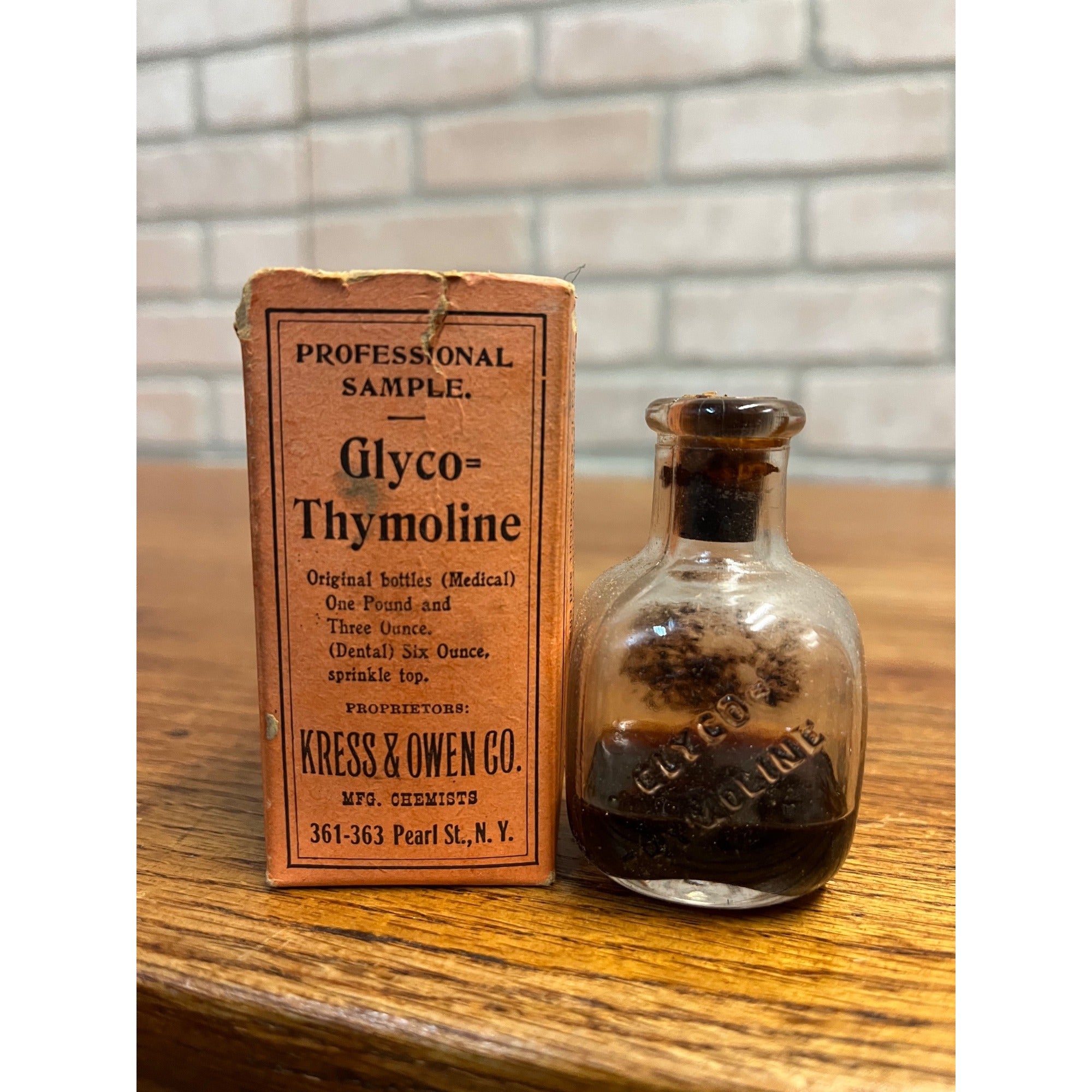Vintage Glyco-Thymoline Sample Quack Medicine Glass Bottle & Box Kress & Owen Co