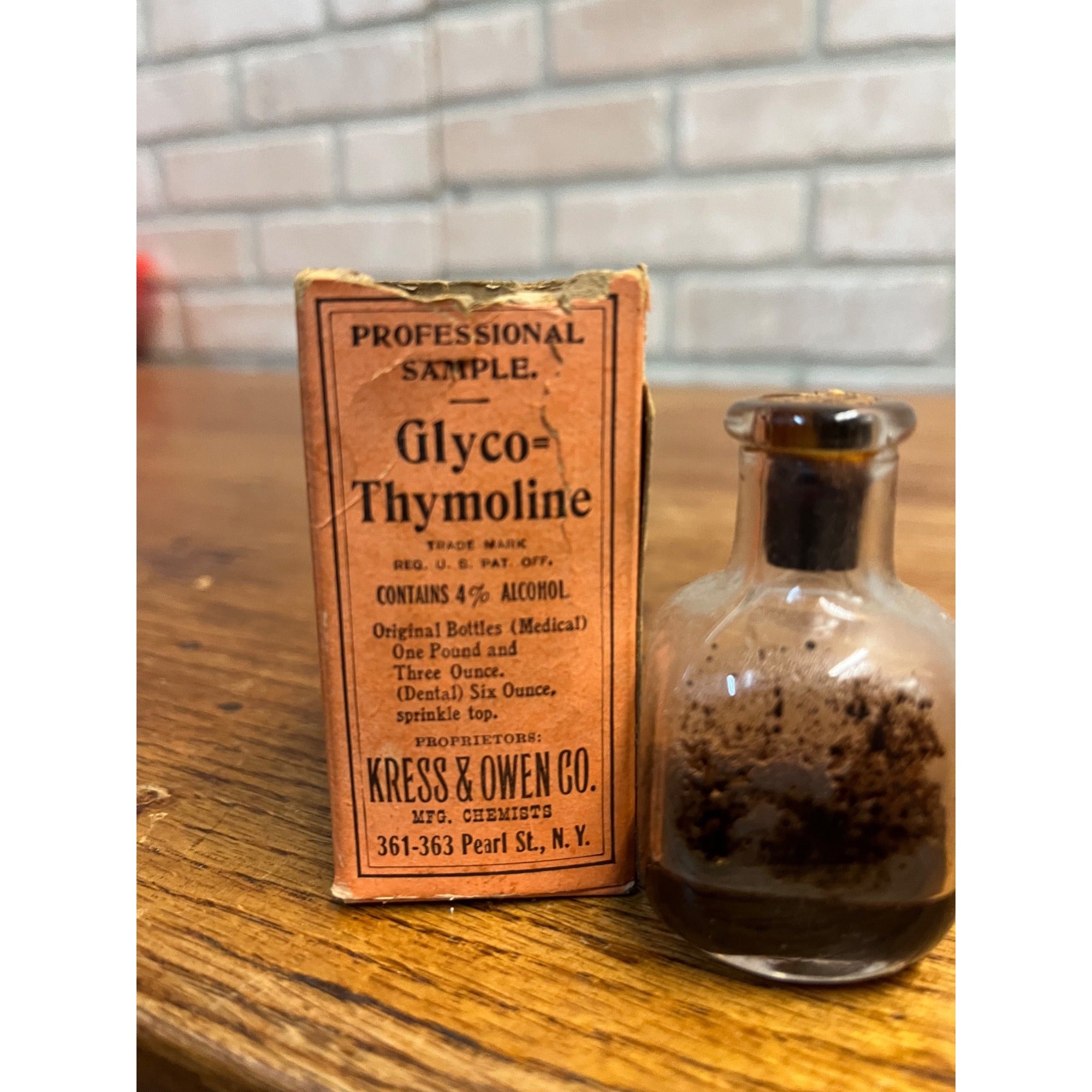 Vintage Glyco-Thymoline Sample Quack Medicine Glass Bottle & Box Kress & Owen Co