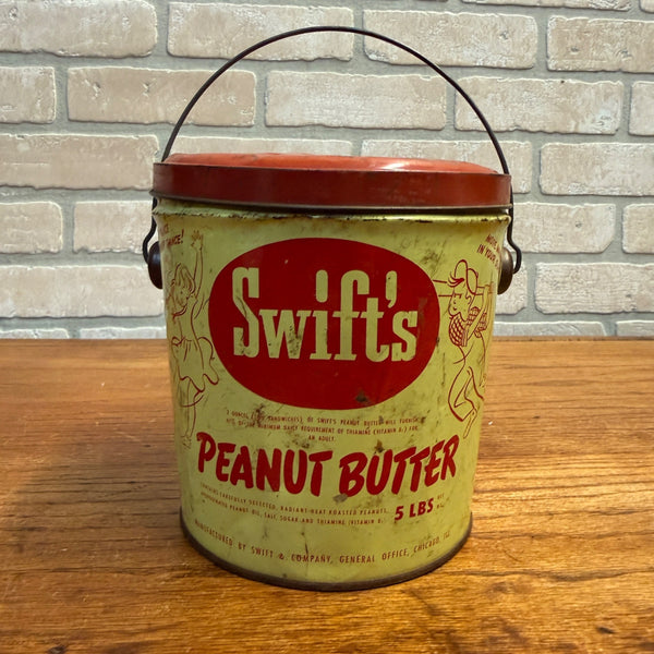 Vintage Swift's Peanut Butter Tin Pail With Lid and Wire Metal Handle 5lb Size Primitive Kitchen Decor