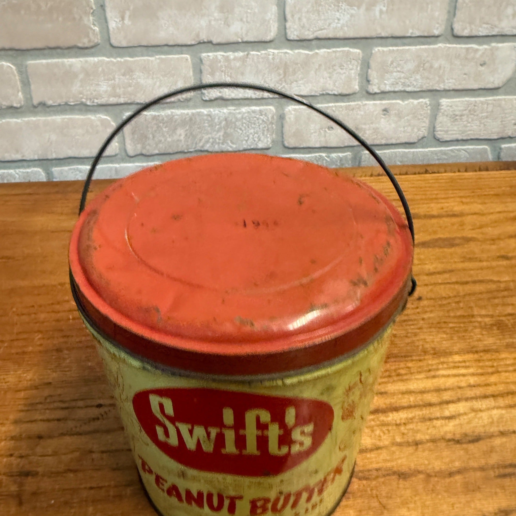 Vintage Swift's Peanut Butter Tin Pail With Lid and Wire Metal Handle 5lb Size Primitive Kitchen Decor