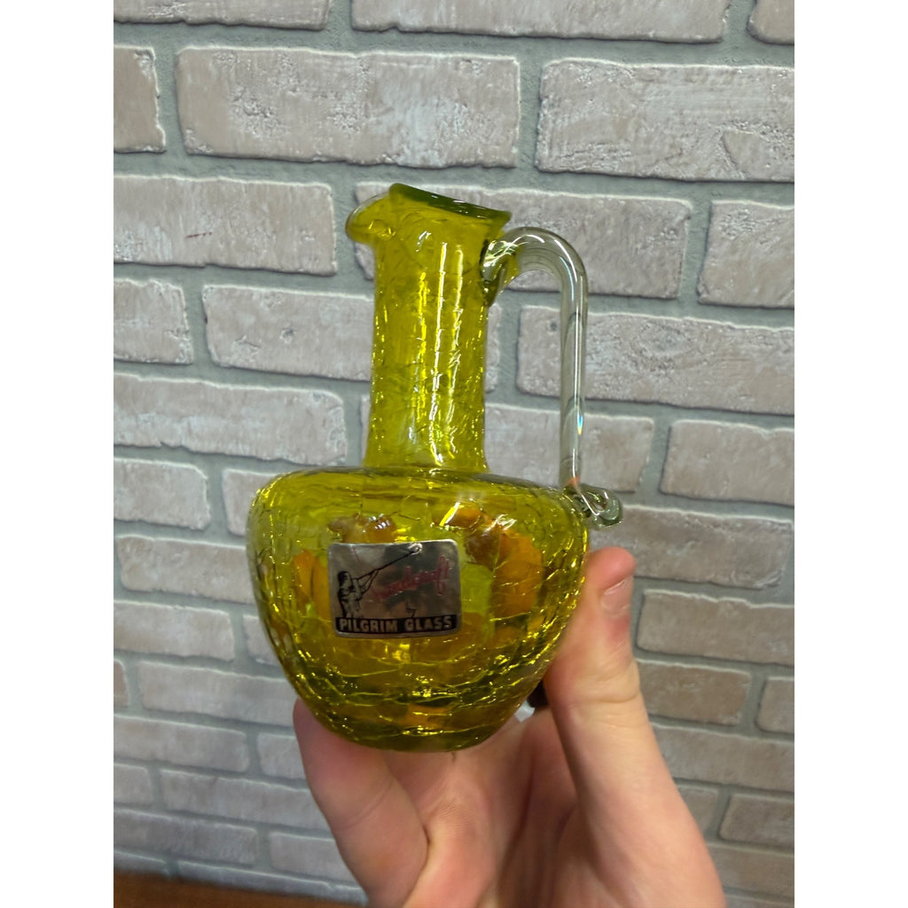 Beautiful Vintage GreenCrackle Glass Vase Pitcher Pilgram W/ Sticker