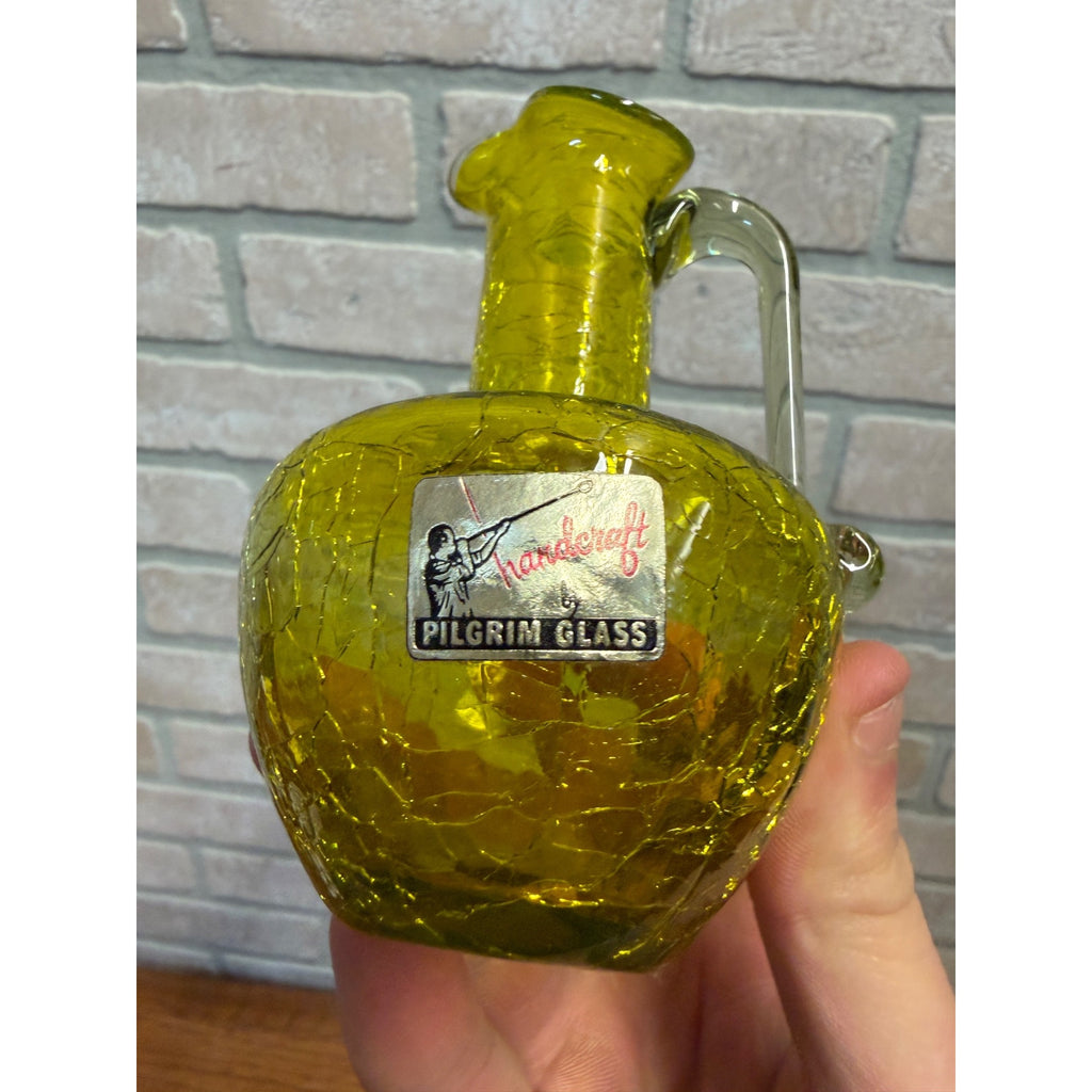 Beautiful Vintage GreenCrackle Glass Vase Pitcher Pilgram W/ Sticker