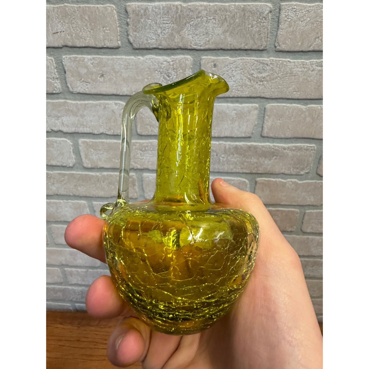Beautiful Vintage GreenCrackle Glass Vase Pitcher Pilgram W/ Sticker