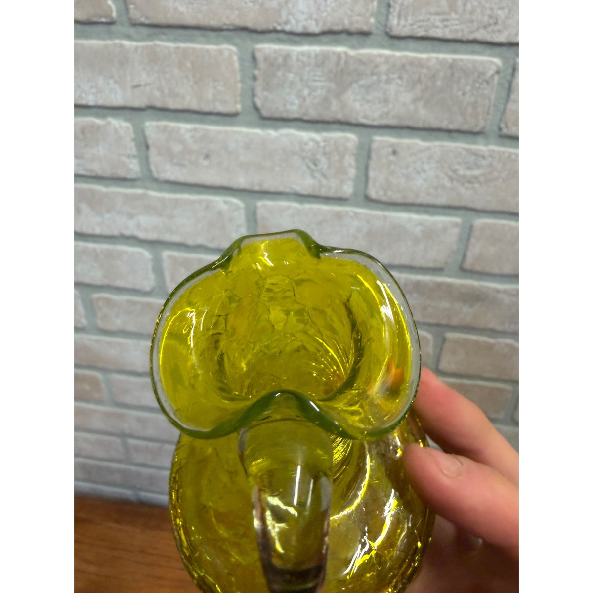 Beautiful Vintage GreenCrackle Glass Vase Pitcher Pilgram W/ Sticker