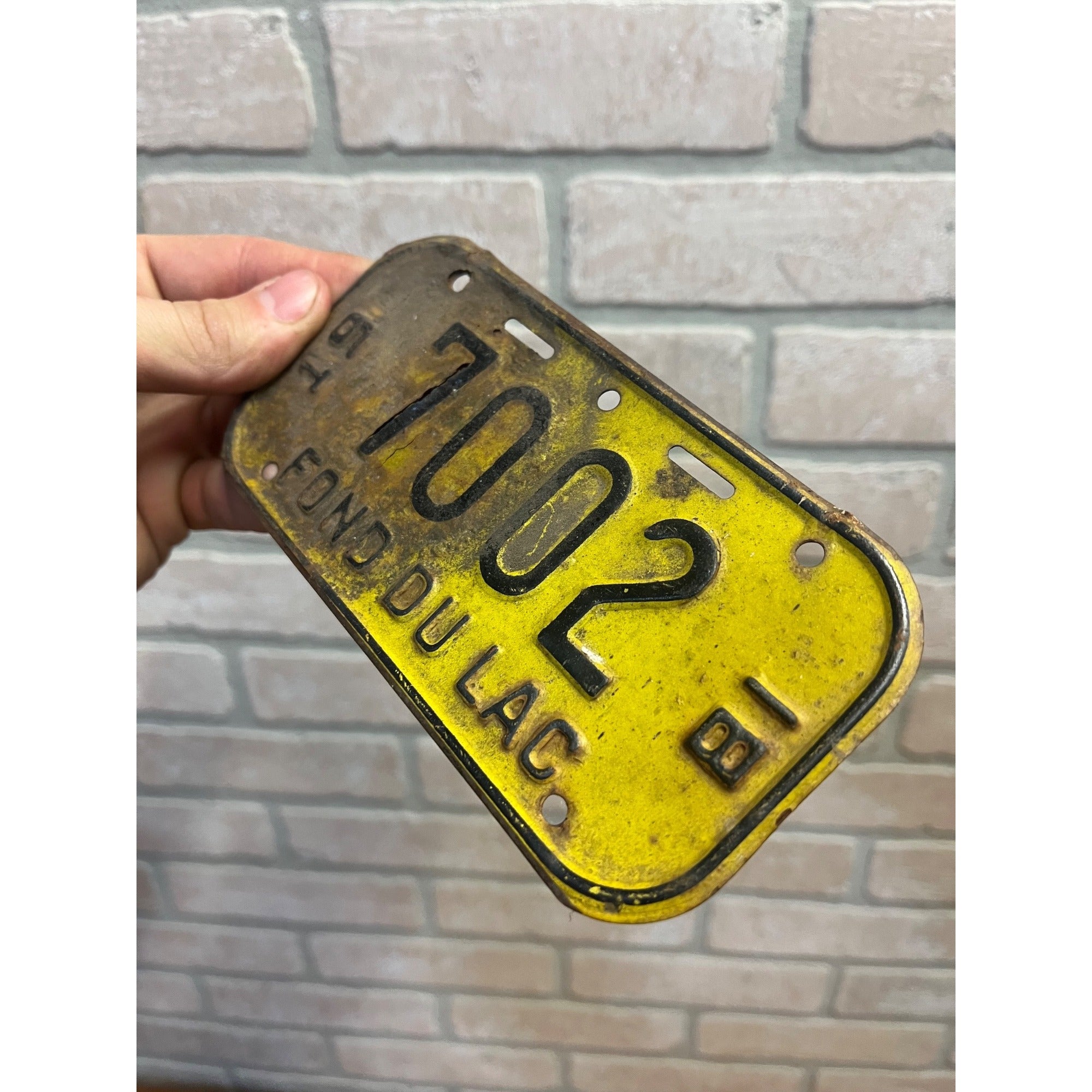 Vintage Fond du Lac Wisconsin Bicycle Bike License Plate Yellow Black 1981