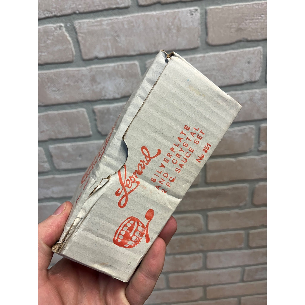 Leonard Silver Plate & Crystal 2 PC sauce set No 351 NOS NEW OLD STOCK BOX