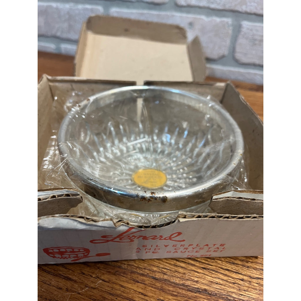 Leonard Silver Plate & Crystal 2 PC sauce set No 351 NOS NEW OLD STOCK BOX