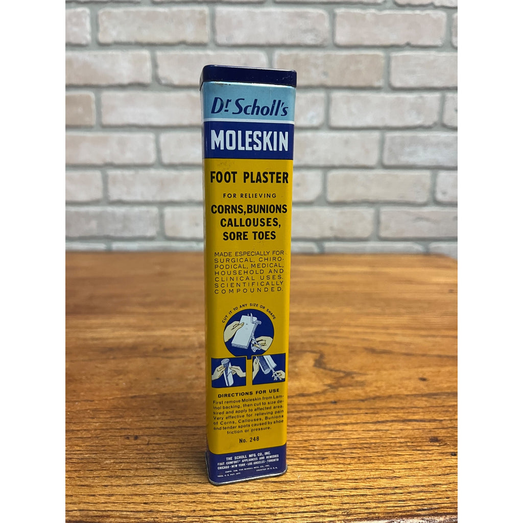Antique 1938 Dr Scholl's Moleskin Foot Plaster Tin Litho Medicine Can Vintage