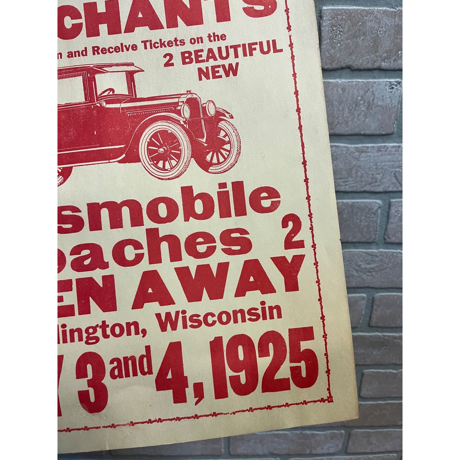 Vintage 1925 Oldsmobile Automobile Car Promo Sign Wisconsin Red Star Merchants
