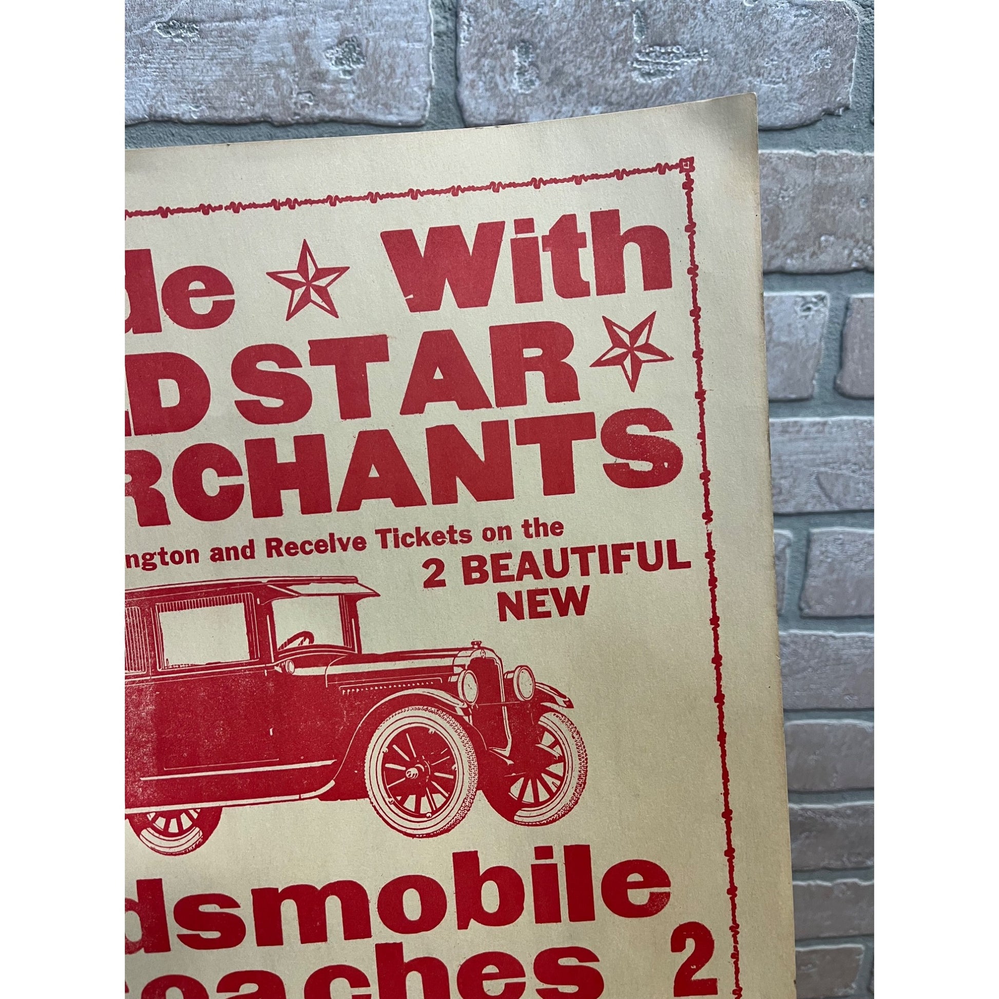 Vintage 1925 Oldsmobile Automobile Car Promo Sign Wisconsin Red Star Merchants