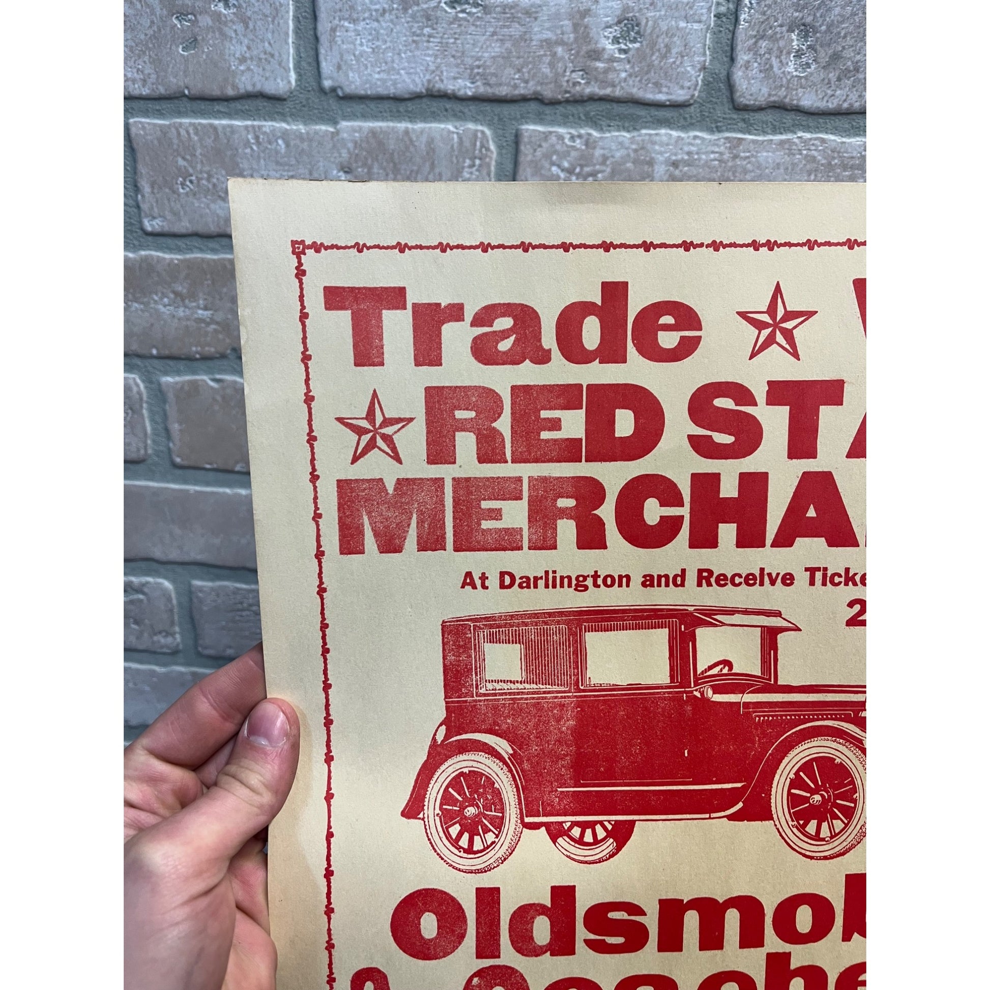 Vintage 1925 Oldsmobile Automobile Car Promo Sign Wisconsin Red Star Merchants