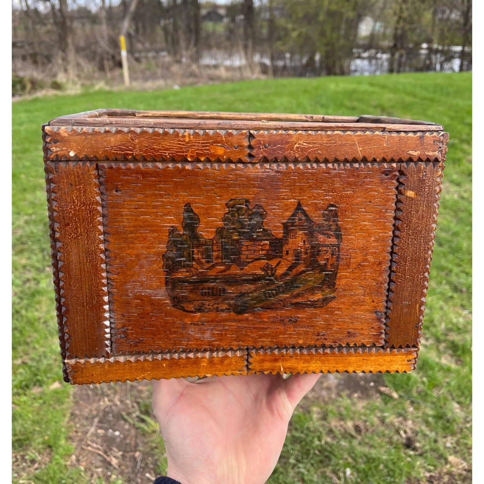 Antique Tramp Art Wooden Box Chipped Carved Notched Folk Art AAFA Primitive