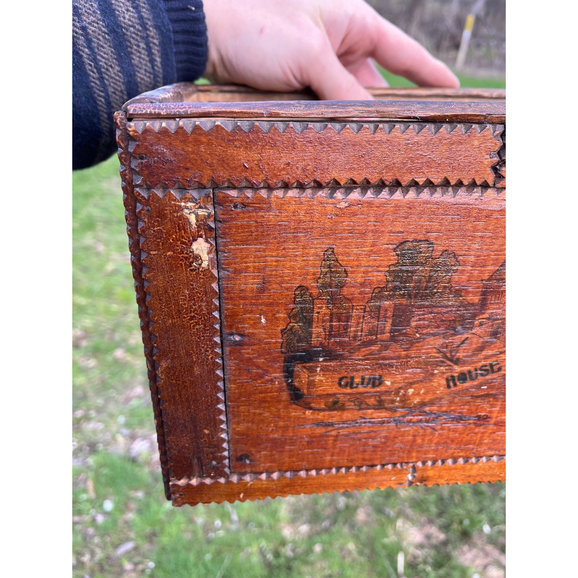 Antique Tramp Art Wooden Box Chipped Carved Notched Folk Art AAFA Primitive