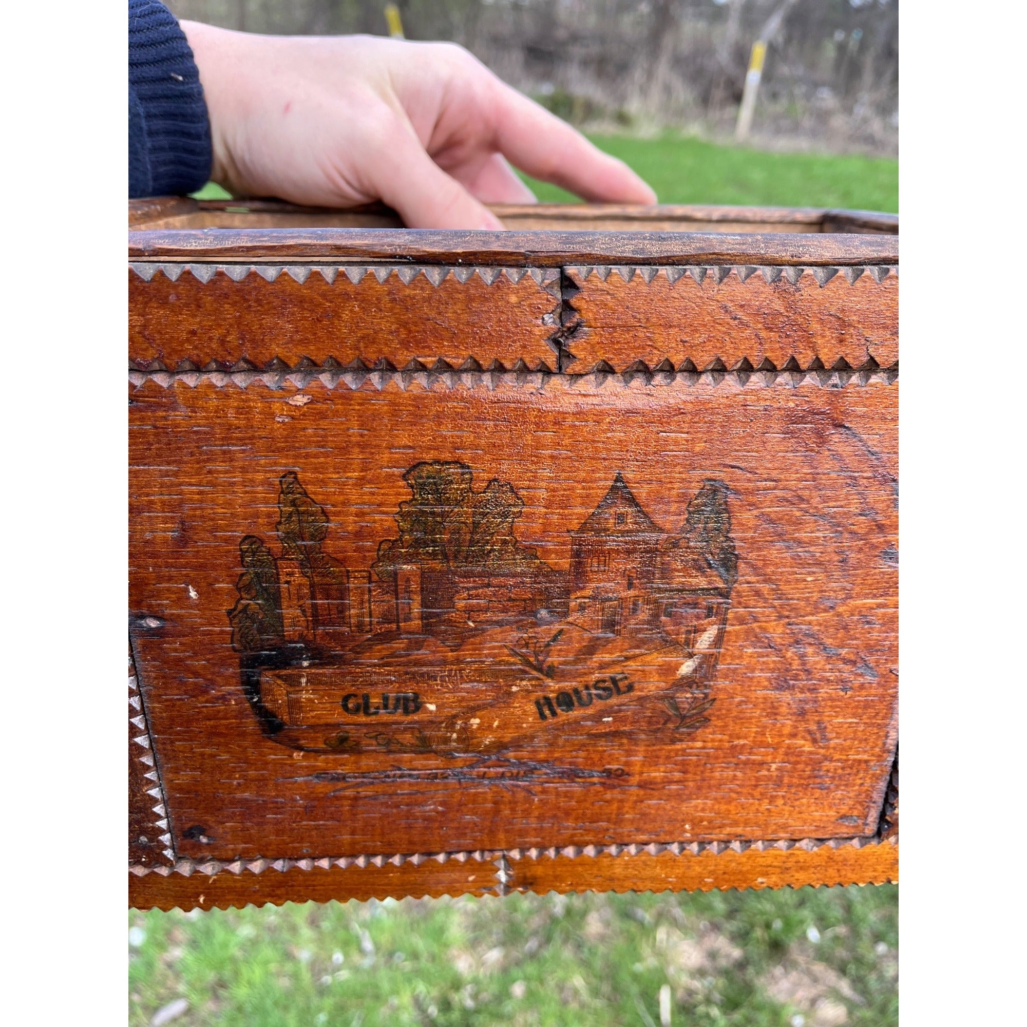 Antique Tramp Art Wooden Box Chipped Carved Notched Folk Art AAFA Primitive