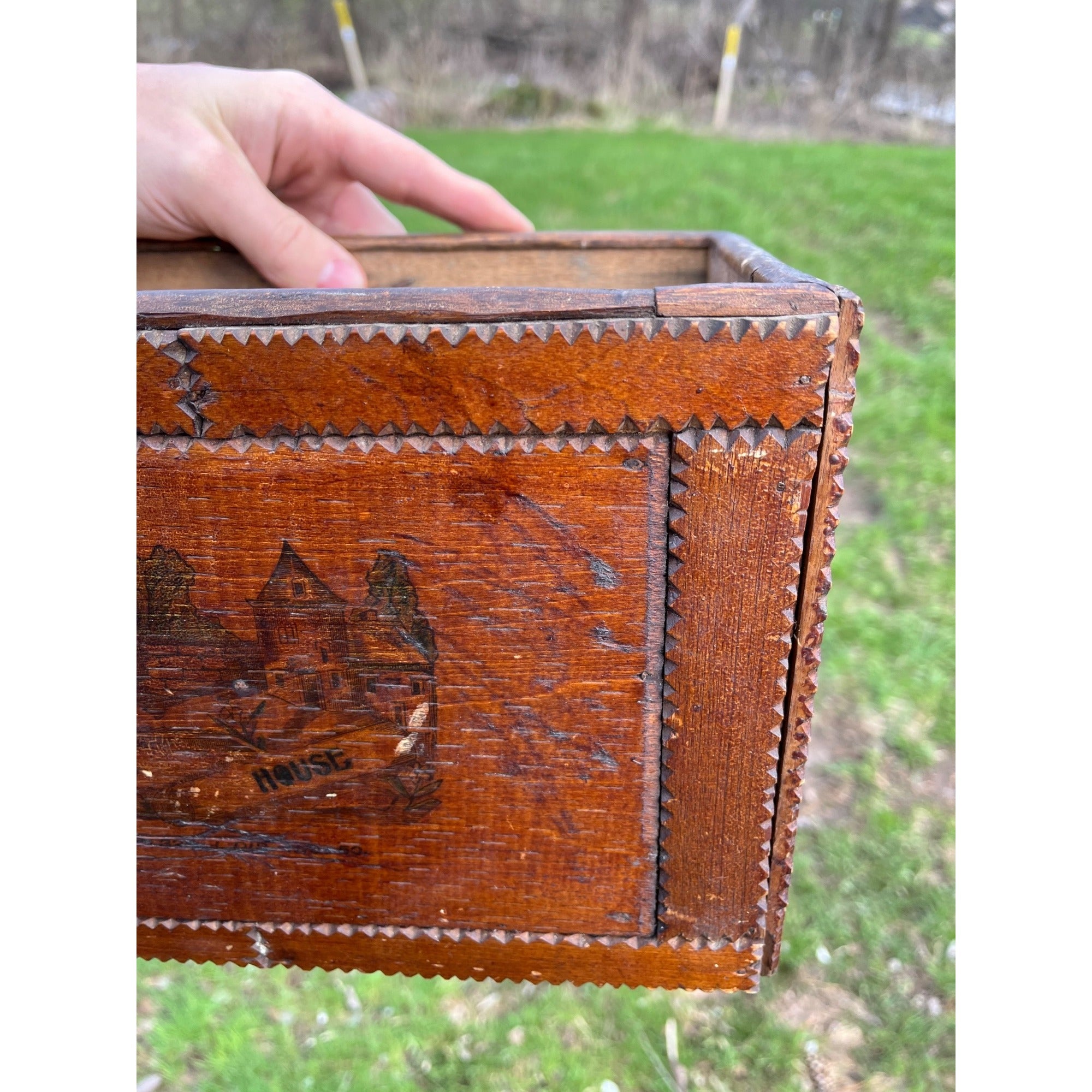 Antique Tramp Art Wooden Box Chipped Carved Notched Folk Art AAFA Primitive