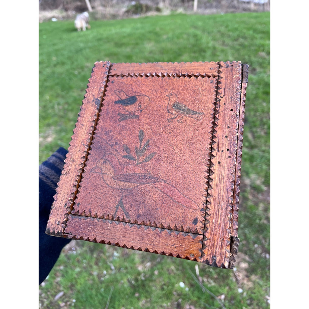 Antique Tramp Art Wooden Box Chipped Carved Notched Folk Art AAFA Primitive