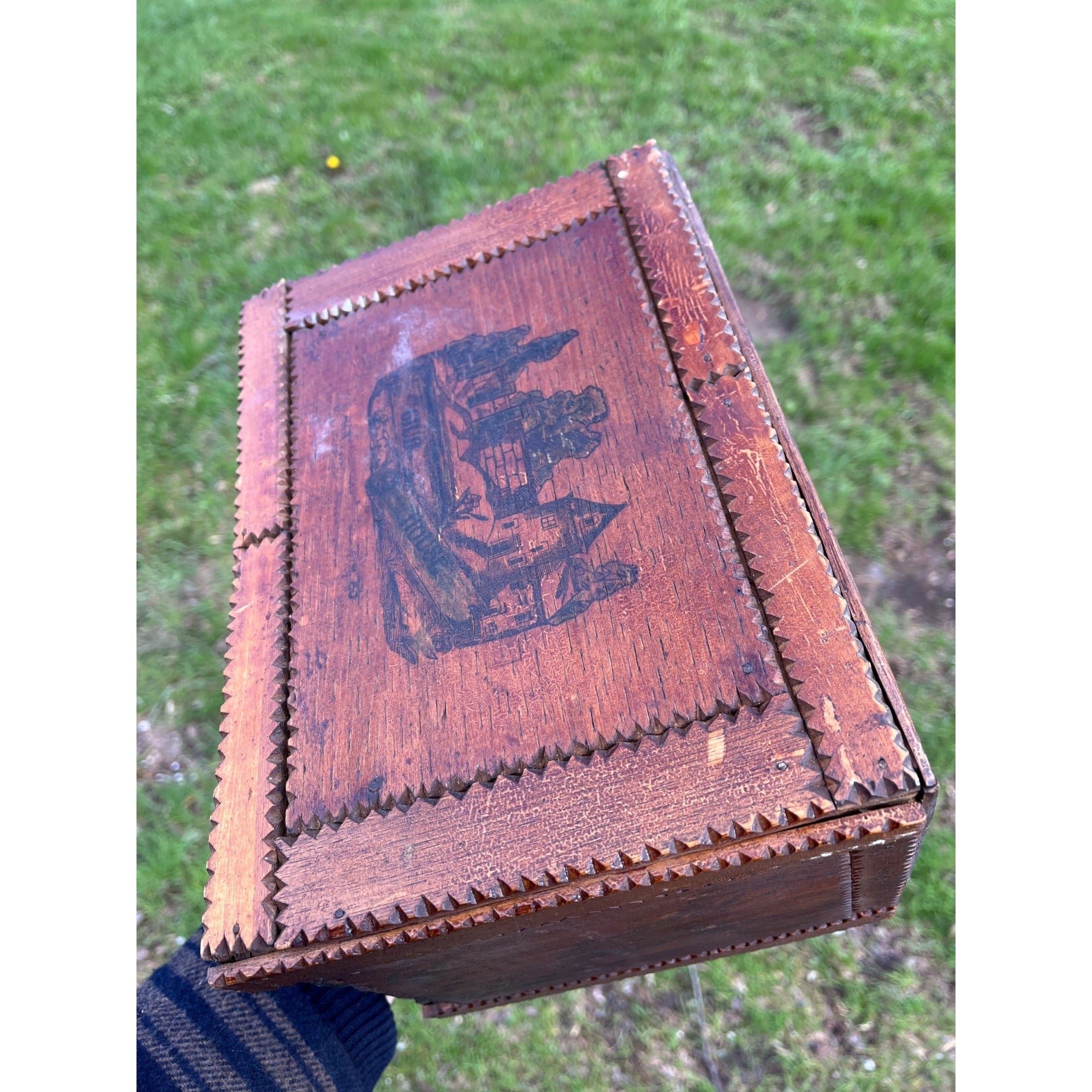 Antique Tramp Art Wooden Box Chipped Carved Notched Folk Art AAFA Primitive