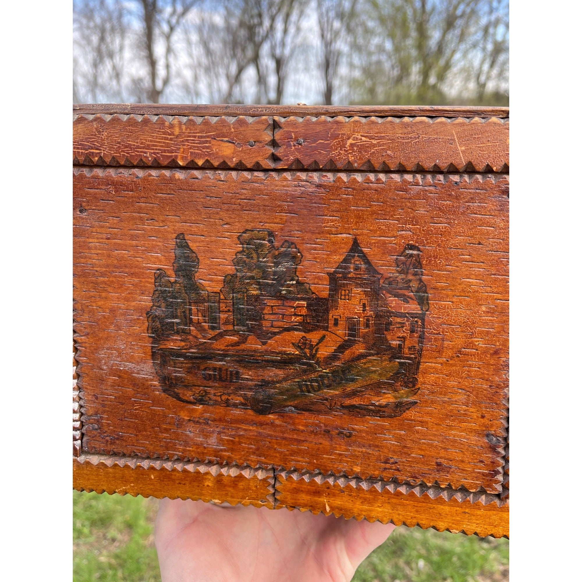 Antique Tramp Art Wooden Box Chipped Carved Notched Folk Art AAFA Primitive