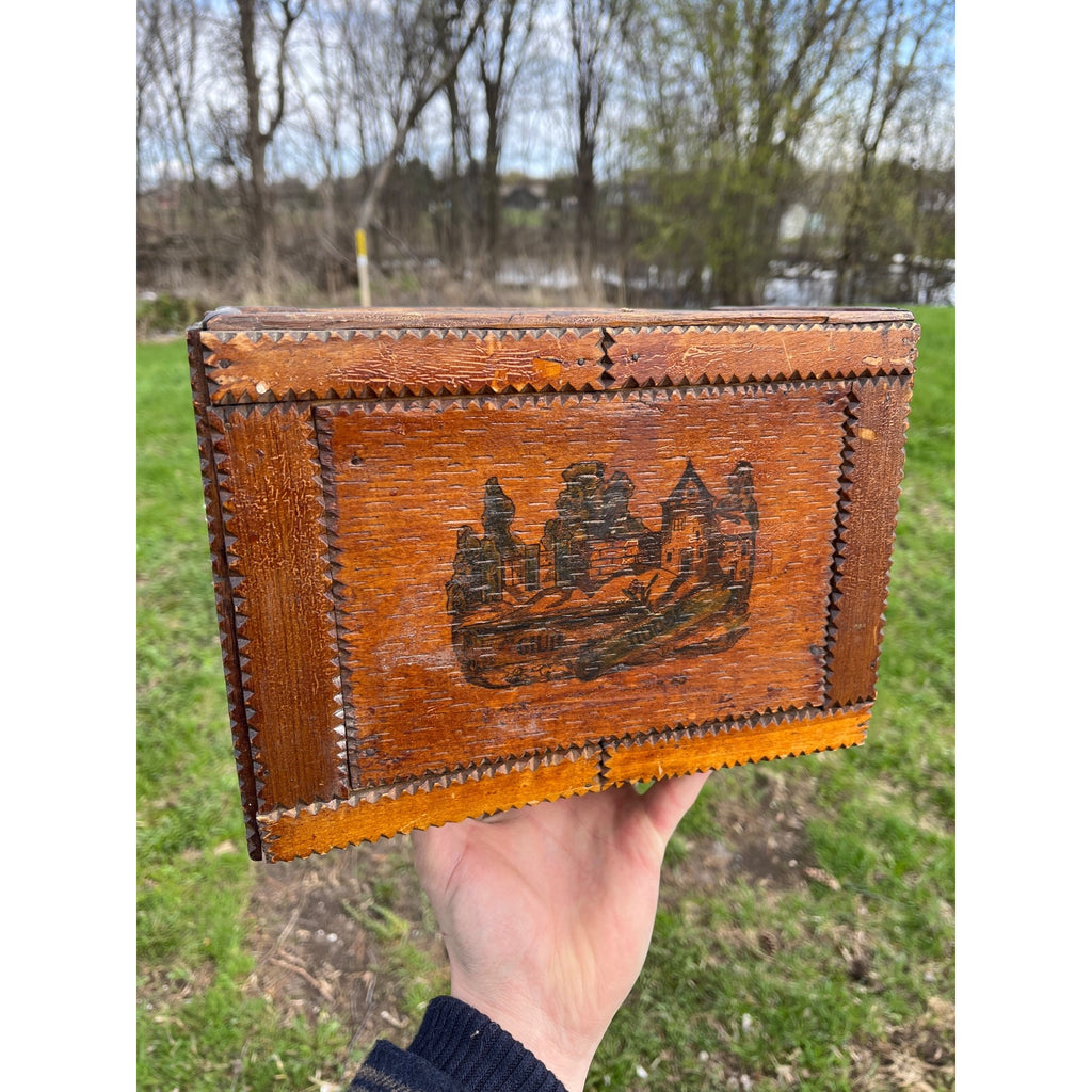 Antique Tramp Art Wooden Box Chipped Carved Notched Folk Art AAFA Primitive