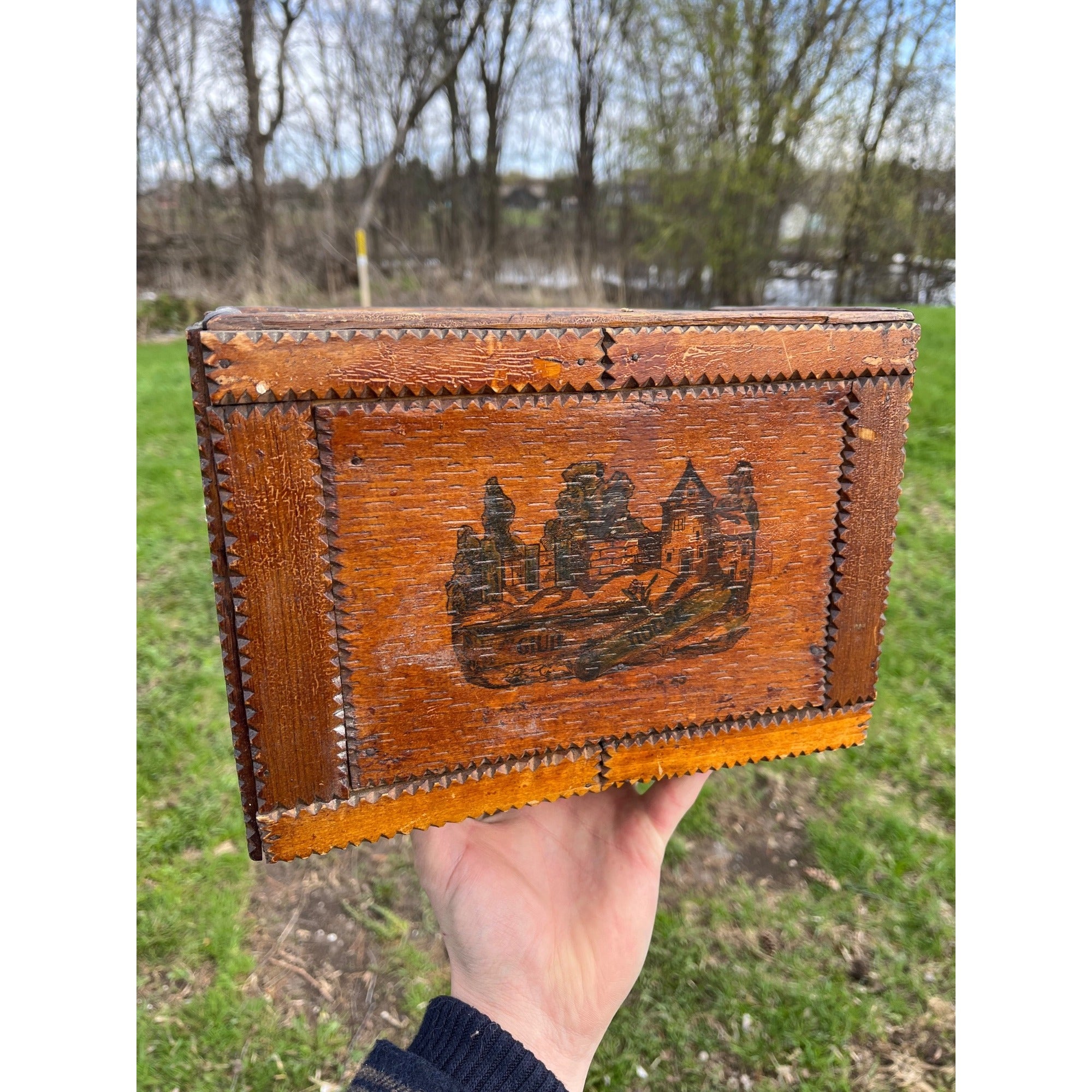 Antique Tramp Art Wooden Box Chipped Carved Notched Folk Art AAFA Primitive