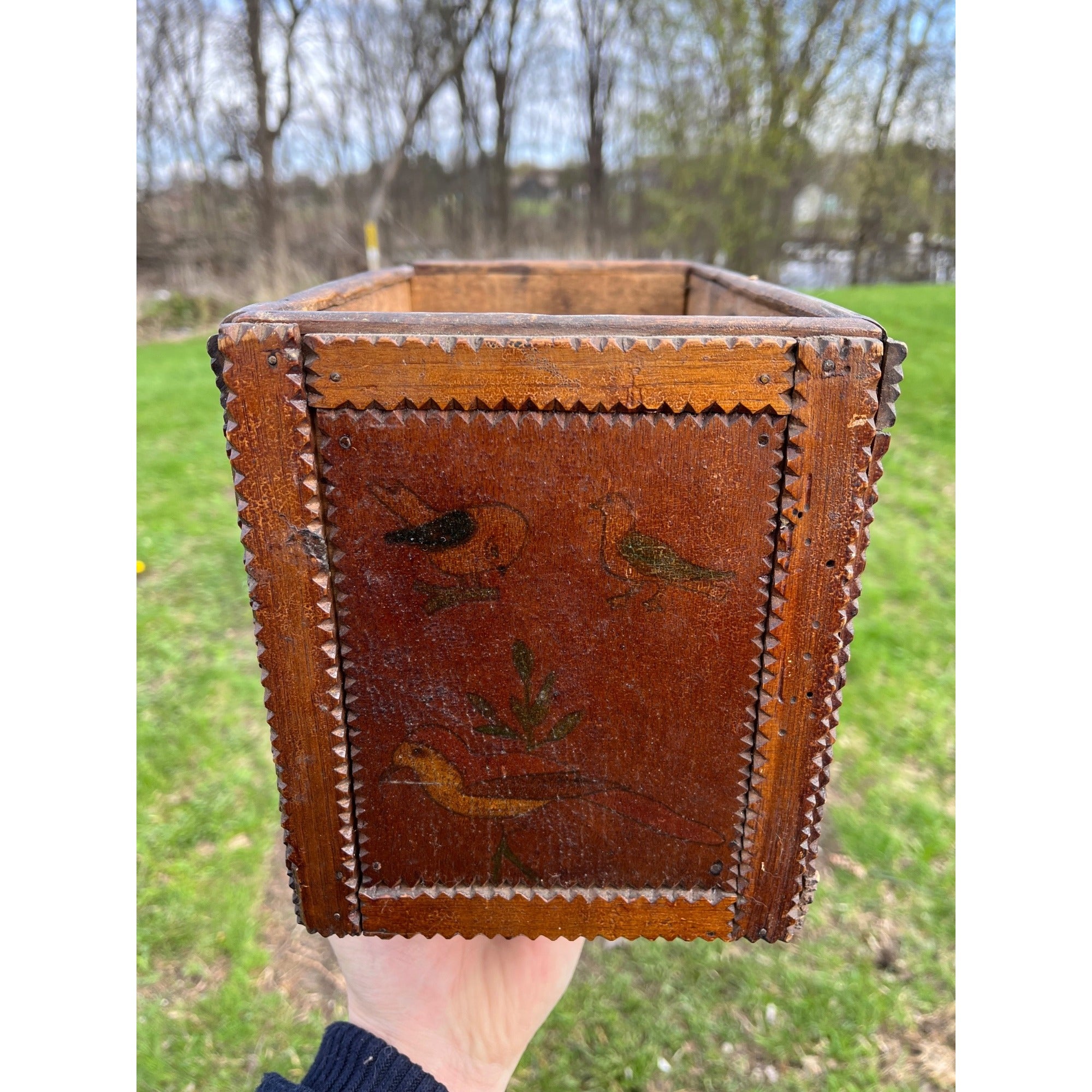 Antique Tramp Art Wooden Box Chipped Carved Notched Folk Art AAFA Primitive