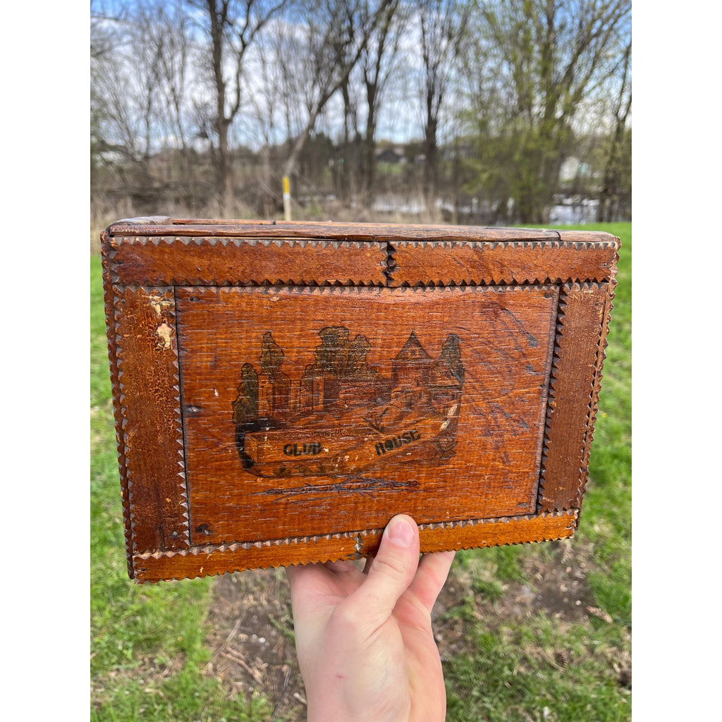 Antique Tramp Art Wooden Box Chipped Carved Notched Folk Art AAFA Primitive