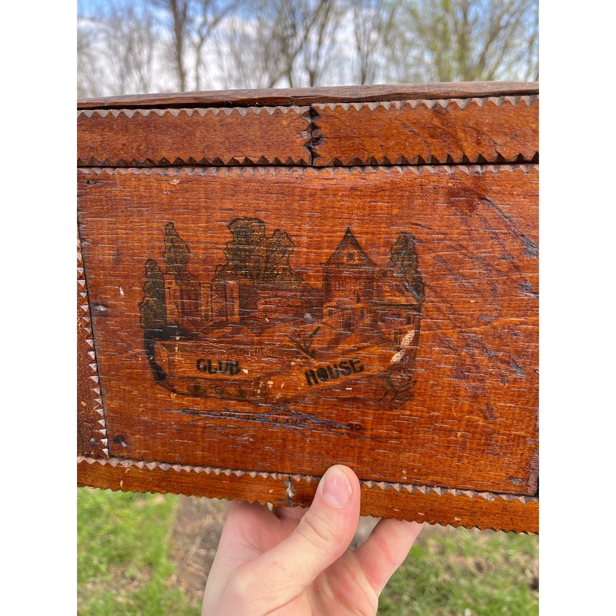 Antique Tramp Art Wooden Box Chipped Carved Notched Folk Art AAFA Primitive