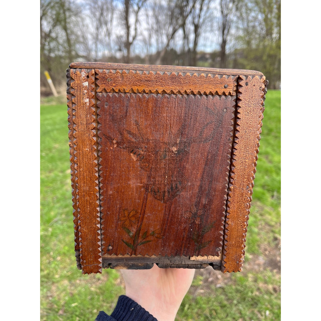 Antique Tramp Art Wooden Box Chipped Carved Notched Folk Art AAFA Primitive