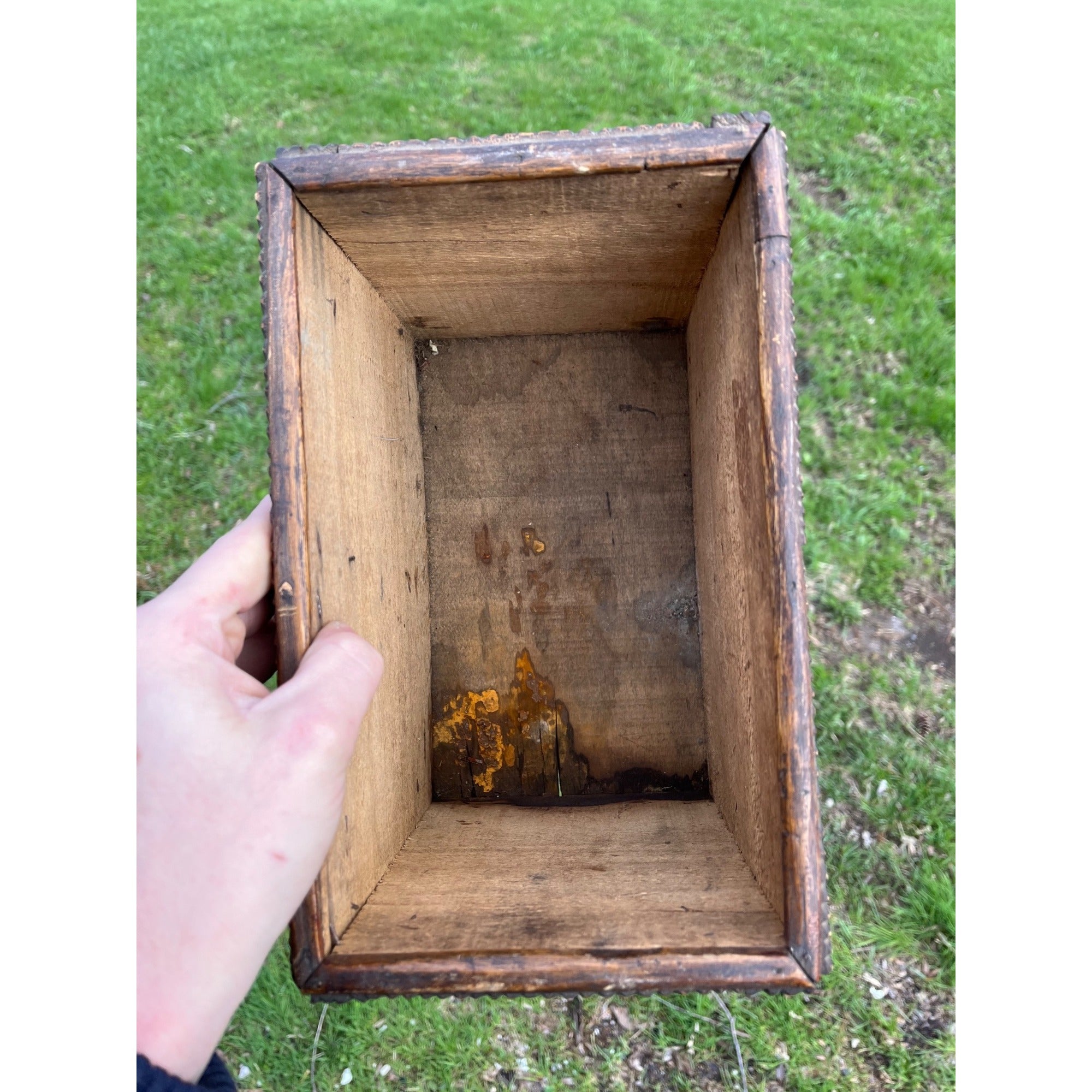 Antique Tramp Art Wooden Box Chipped Carved Notched Folk Art AAFA Primitive