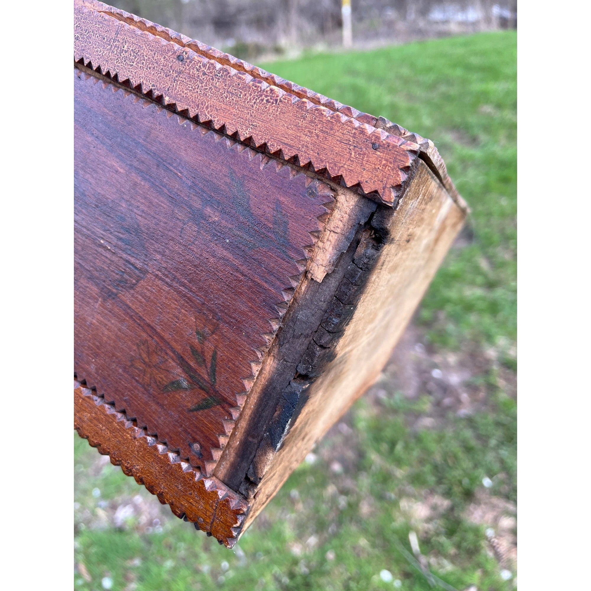 Antique Tramp Art Wooden Box Chipped Carved Notched Folk Art AAFA Primitive