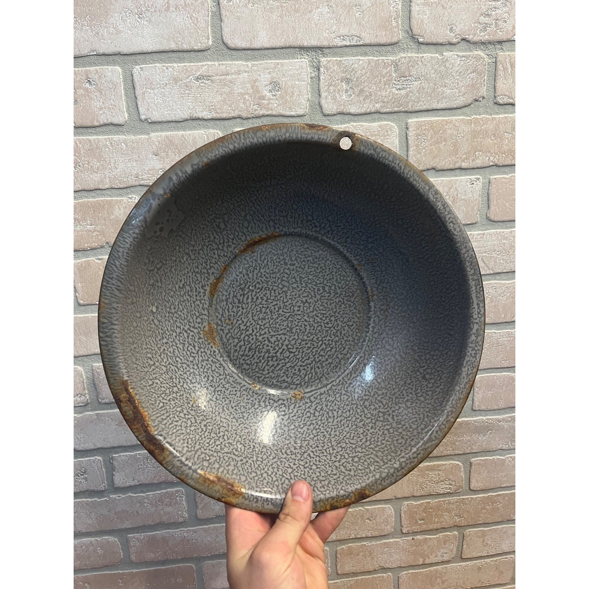 Antique Primitive Graniteware Enamelware Gray Round Bowl/ Pan/ Farmhouse/ Kitchen Decor, Grey
