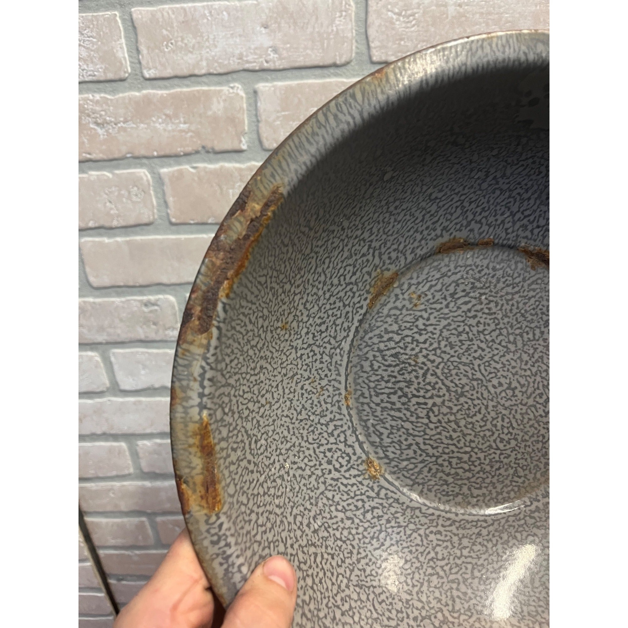 Antique Primitive Graniteware Enamelware Gray Round Bowl/ Pan/ Farmhouse/ Kitchen Decor, Grey