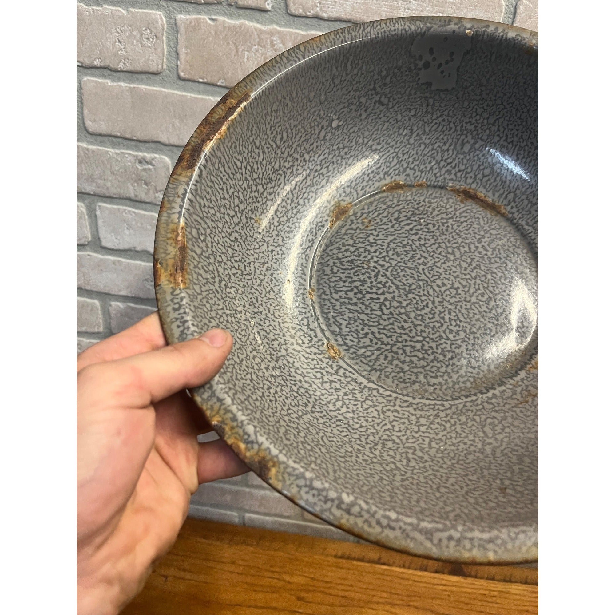 Antique Primitive Graniteware Enamelware Gray Round Bowl/ Pan/ Farmhouse/ Kitchen Decor, Grey