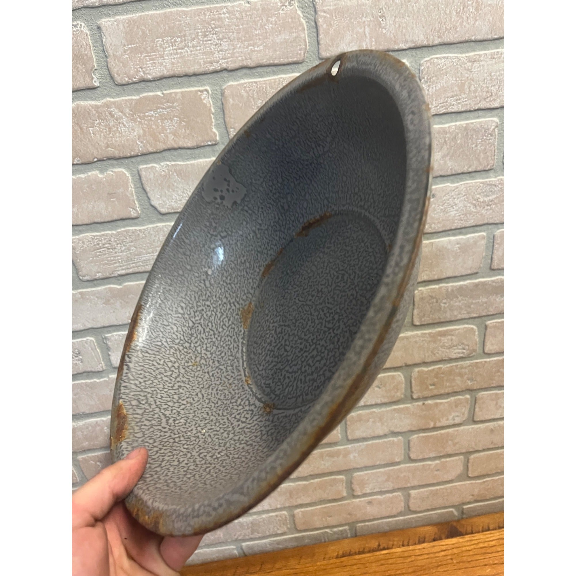 Antique Primitive Graniteware Enamelware Gray Round Bowl/ Pan/ Farmhouse/ Kitchen Decor, Grey