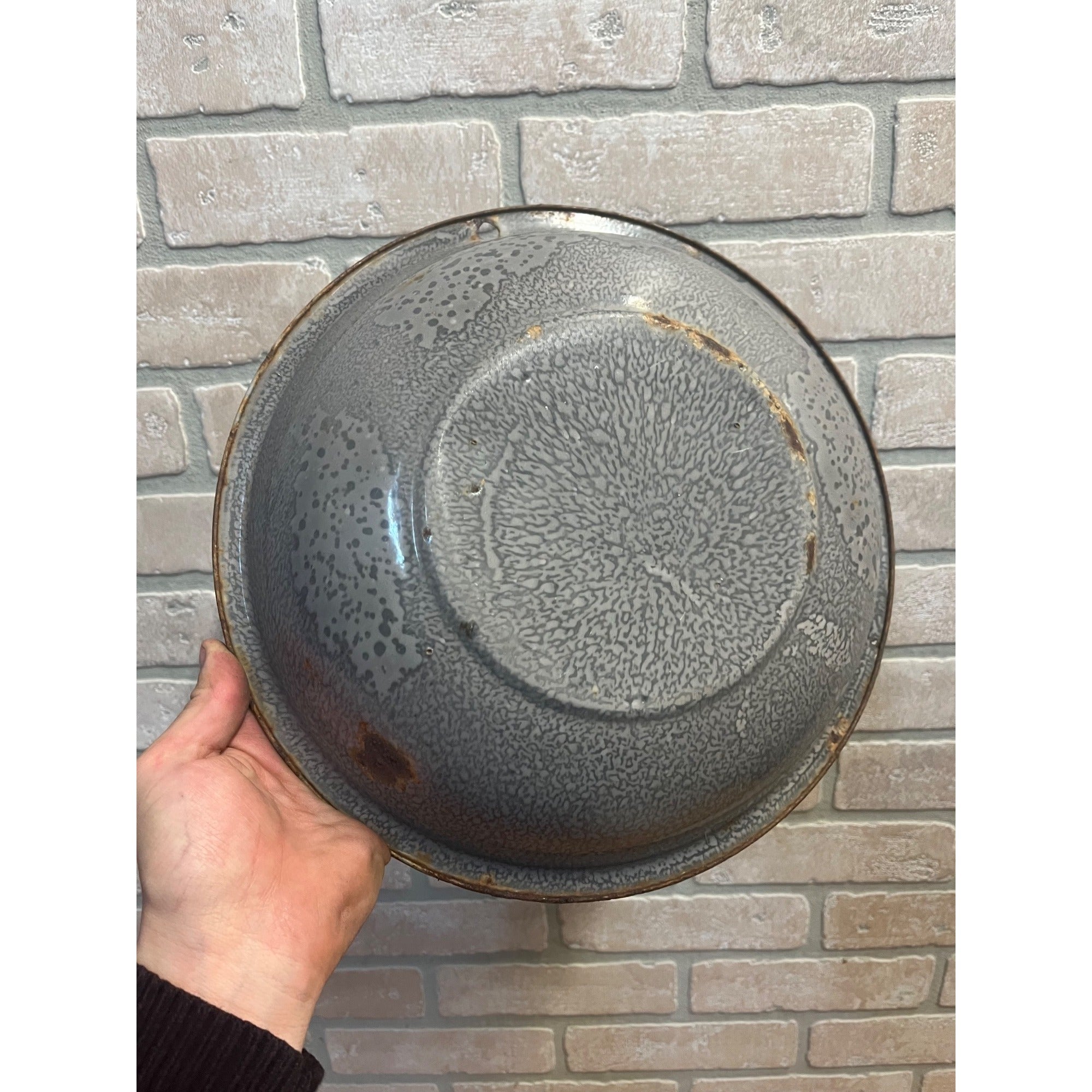 Antique Primitive Graniteware Enamelware Gray Round Bowl/ Pan/ Farmhouse/ Kitchen Decor, Grey