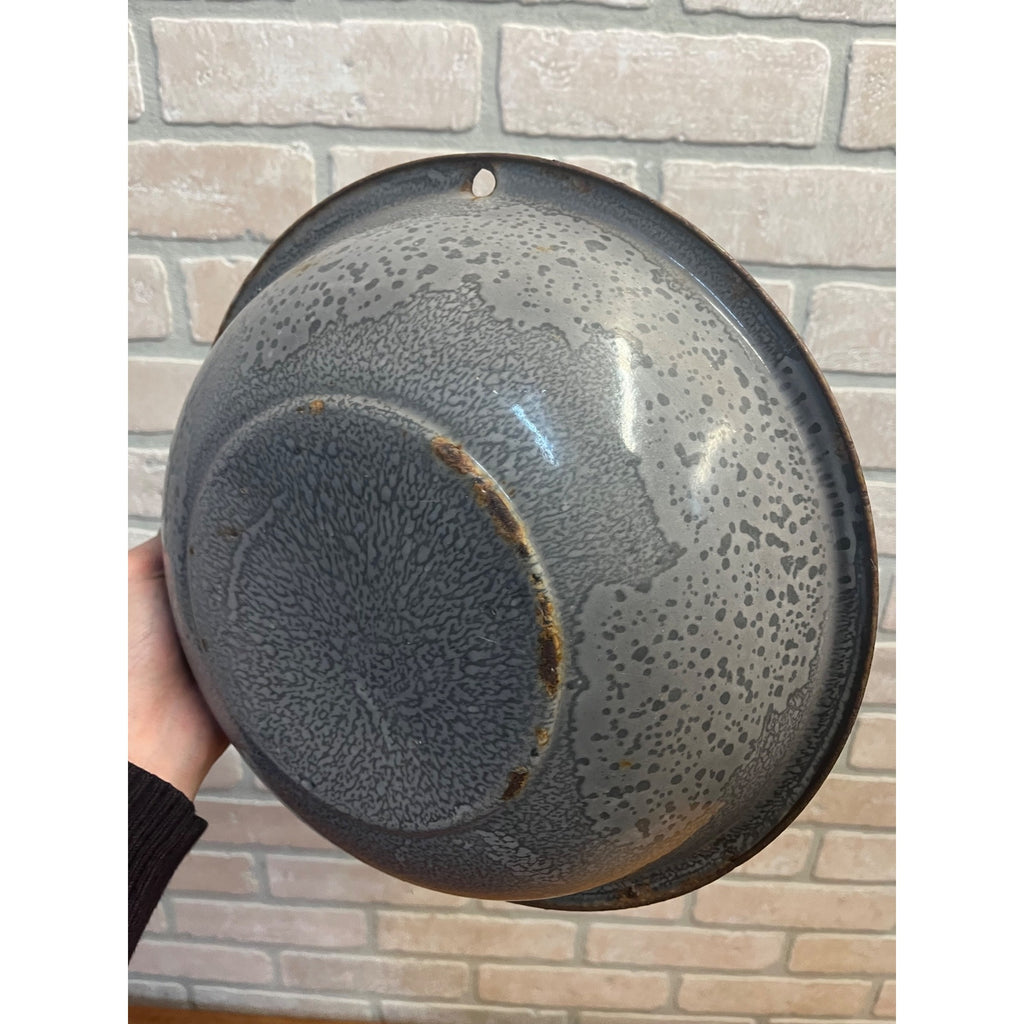 Antique Primitive Graniteware Enamelware Gray Round Bowl/ Pan/ Farmhouse/ Kitchen Decor, Grey