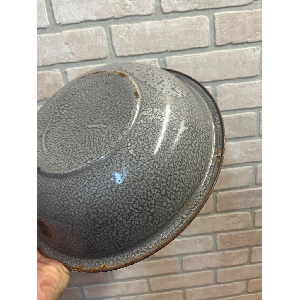 Antique Primitive Graniteware Enamelware Gray Round Bowl/ Pan/ Farmhouse/ Kitchen Decor, Grey