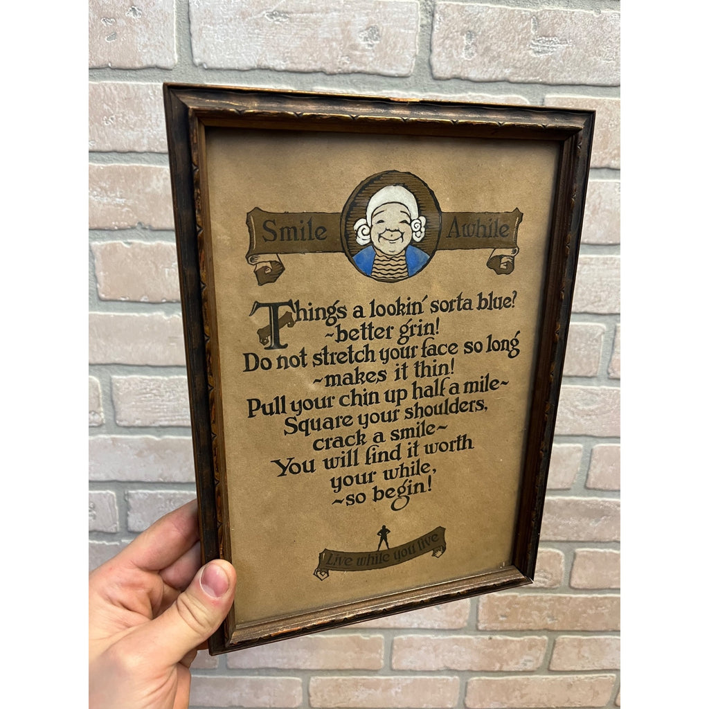 Vintage Smile Awhile Quote Motto Arts & Crafts Style Framed Live While You Live