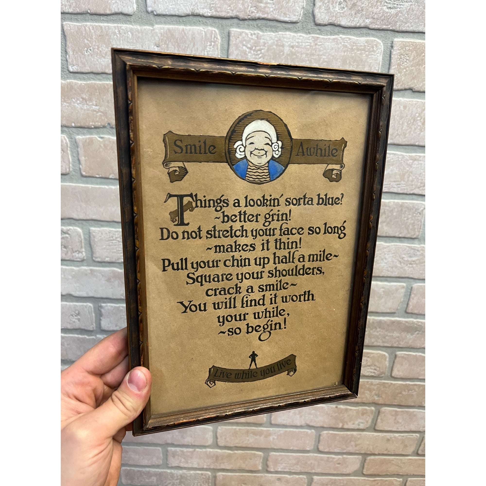 Vintage Smile Awhile Quote Motto Arts & Crafts Style Framed Live While You Live