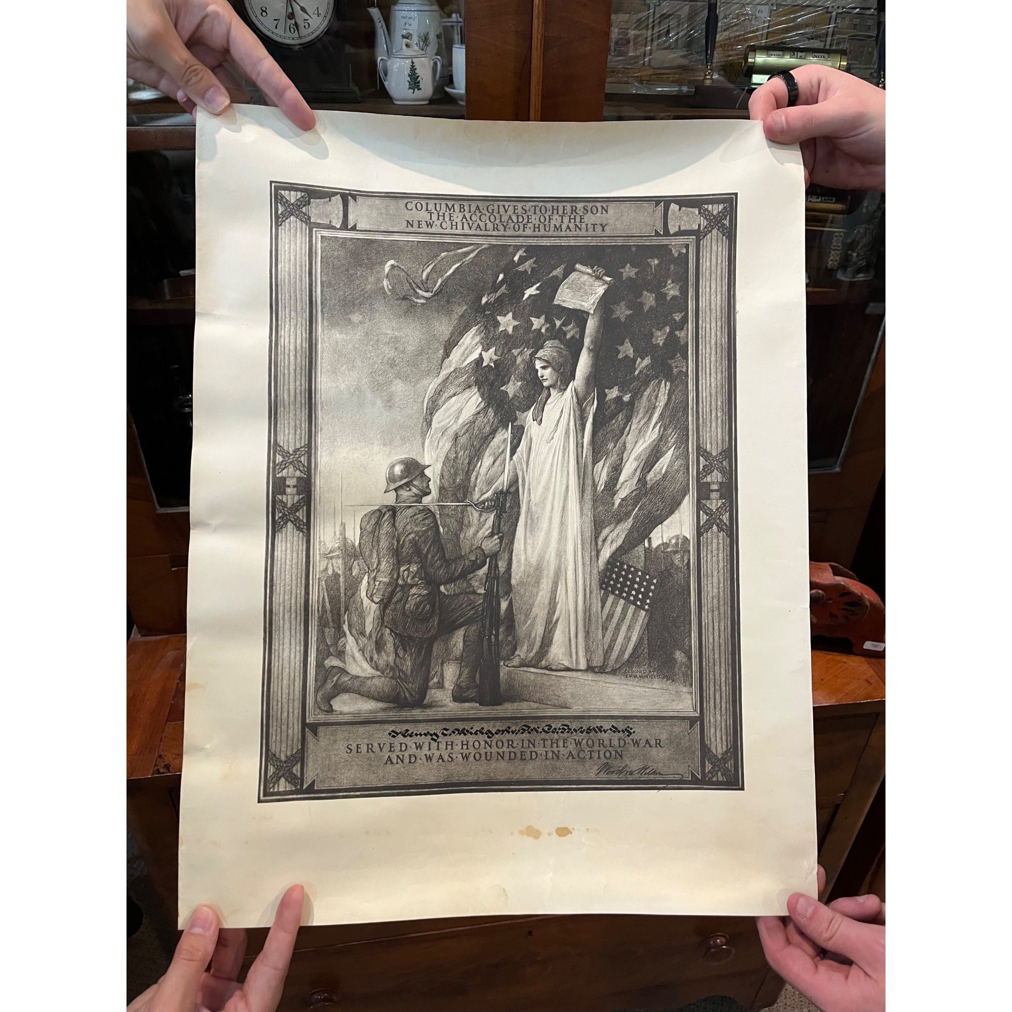 Original U.S. WWI Wounded in Action Award Accolade Document