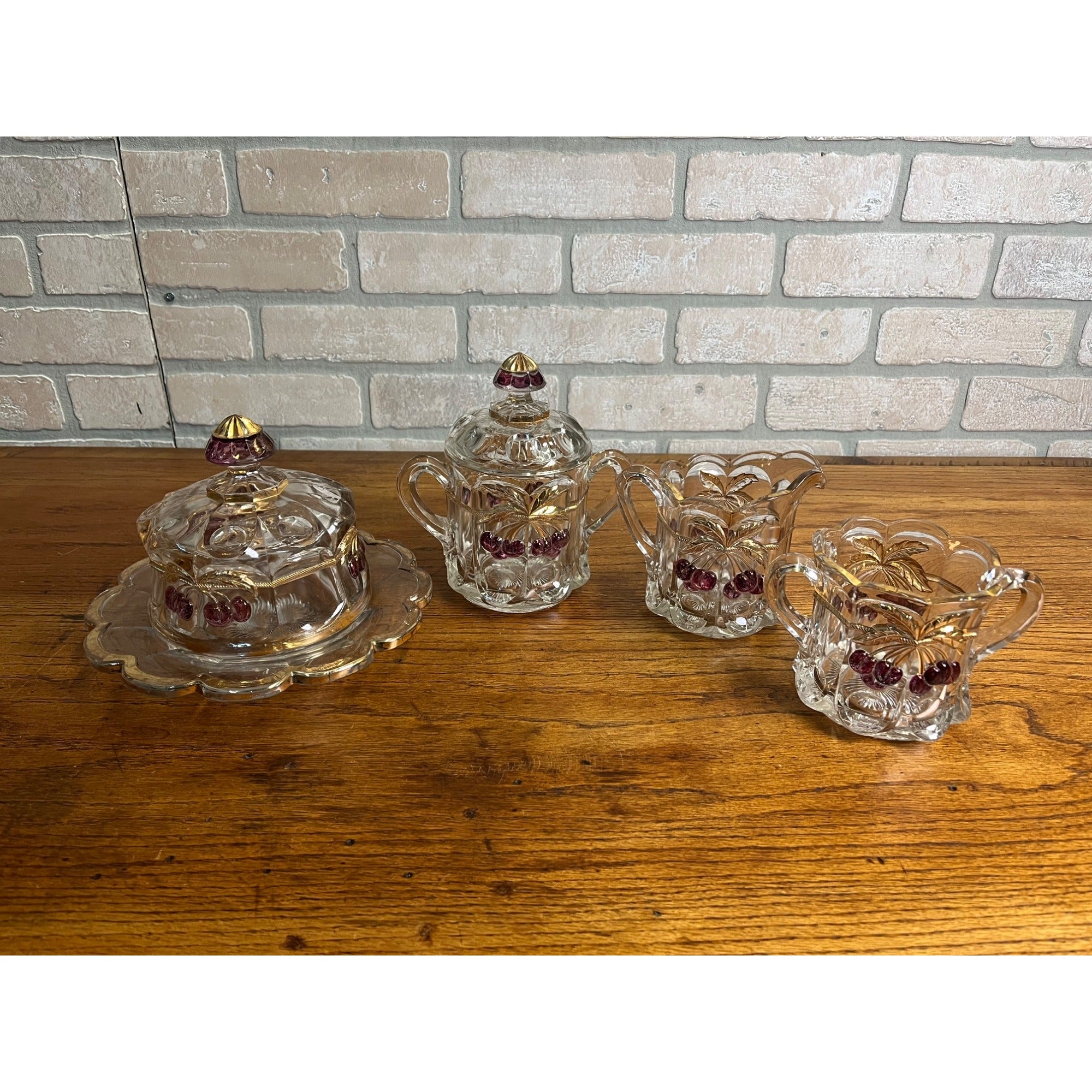 Vintage Rare Northwood Glass EAPG Cherry Lattice Breakfast Set Sugar Creamer Butter