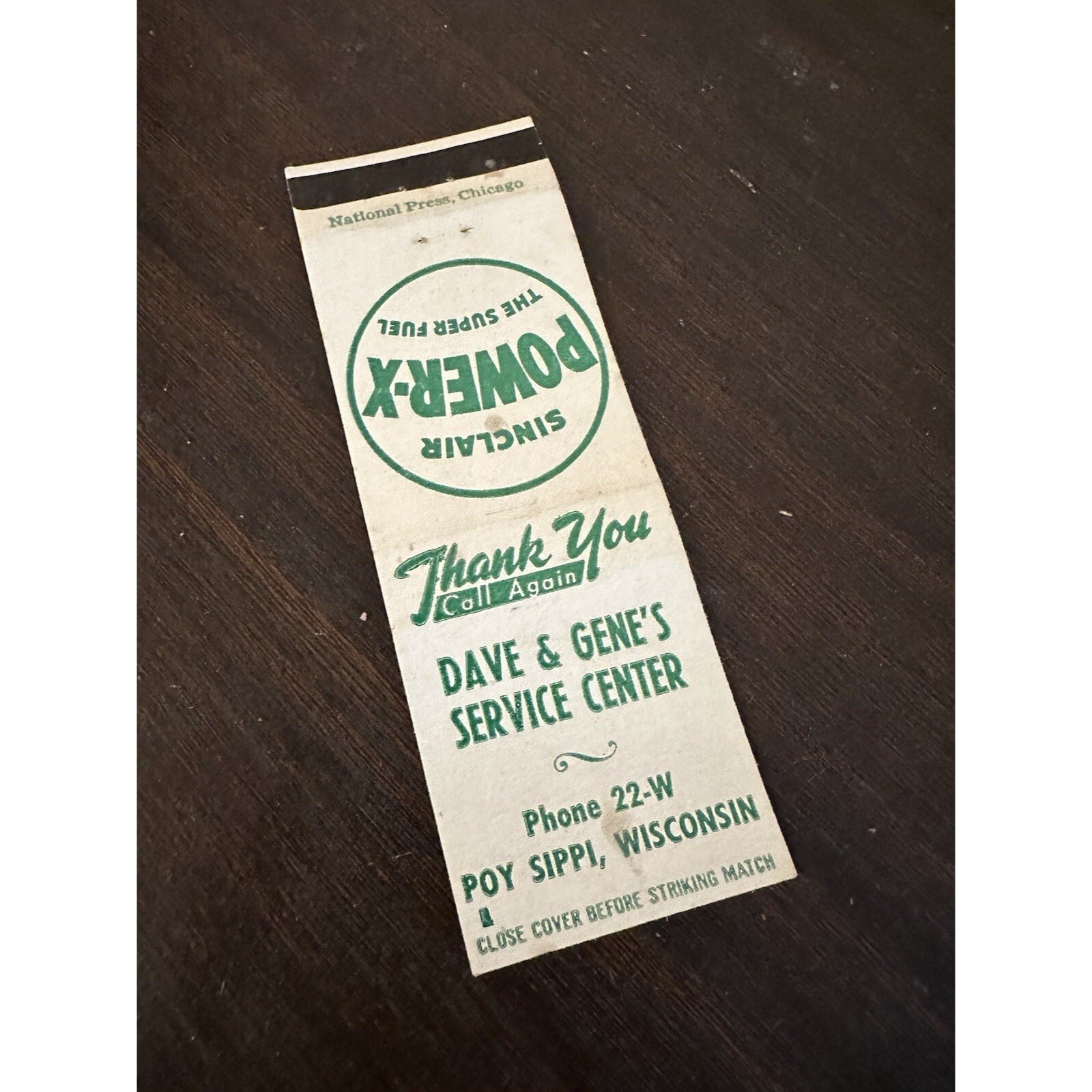 Vintage 1930s Sinclair Power-X Gas Advertising Matchbook Poy Sippi Wis Service