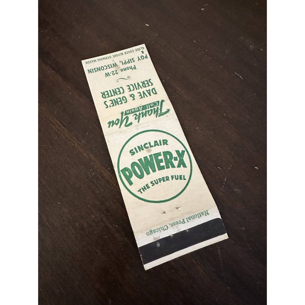 Vintage 1930s Sinclair Power-X Gas Advertising Matchbook Poy Sippi Wis Service