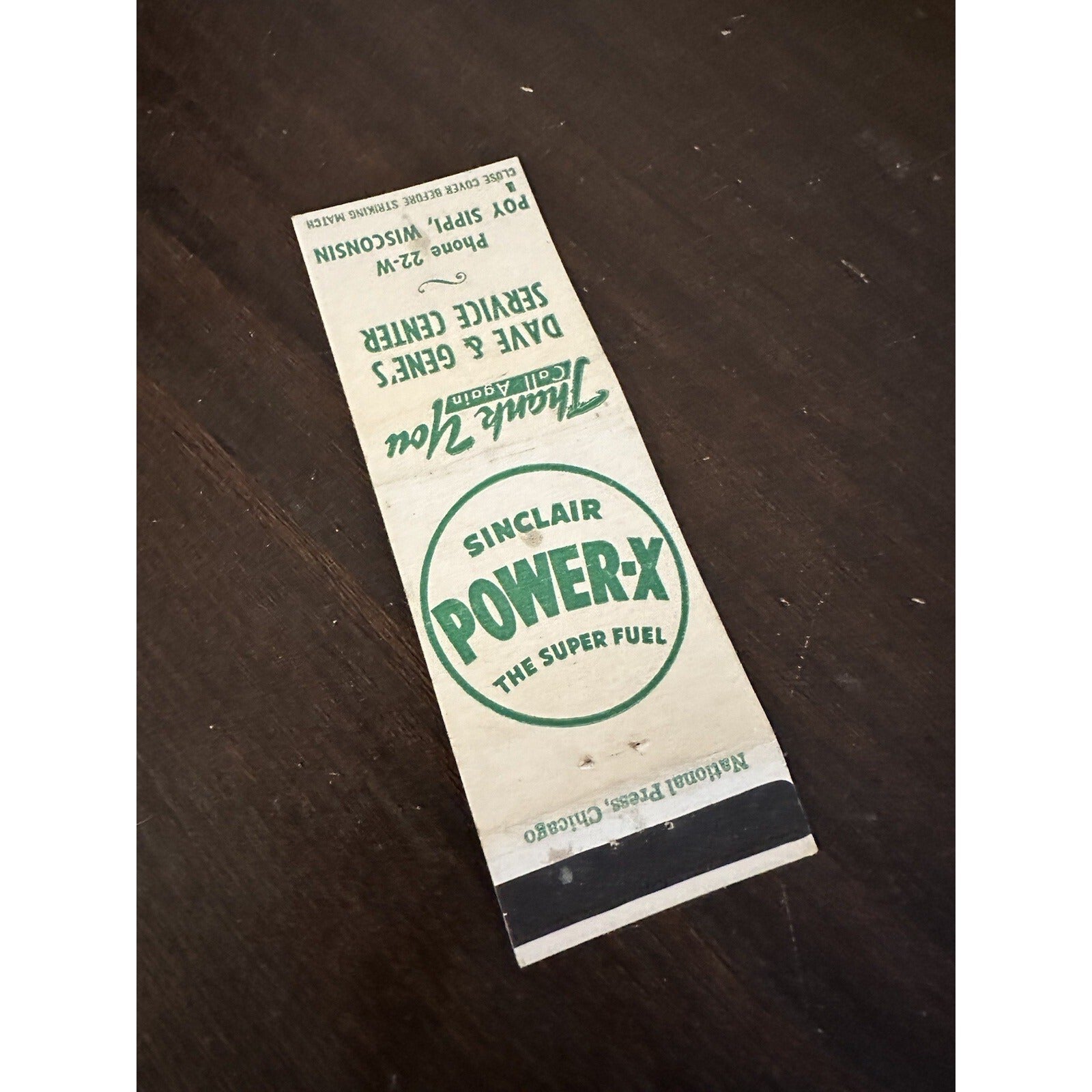 Vintage 1930s Sinclair Power-X Gas Advertising Matchbook Poy Sippi Wis Service