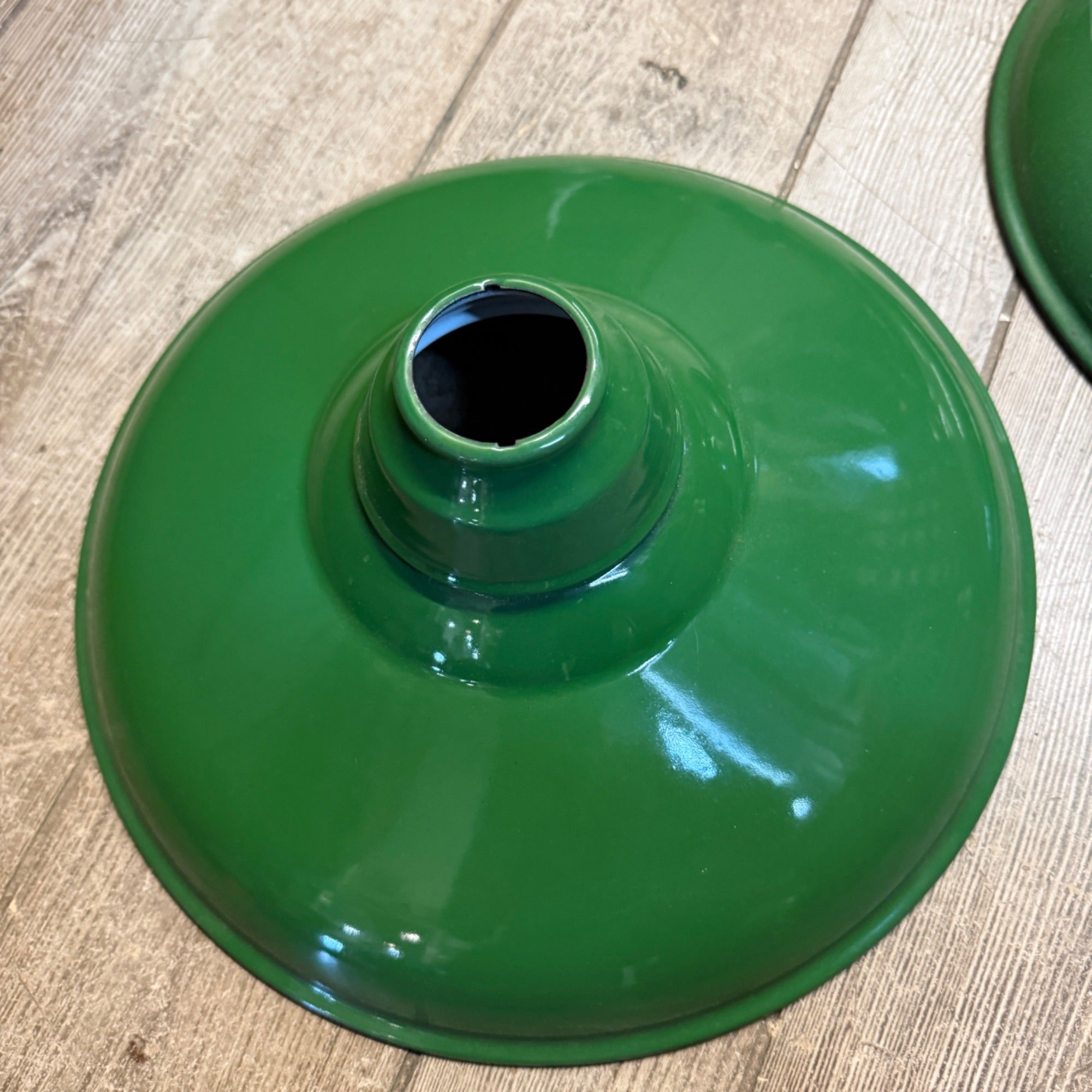 Vintage Pair 14" Green Porcelain Enamel Industrial Barn Light Gas Station Oil and Gas
